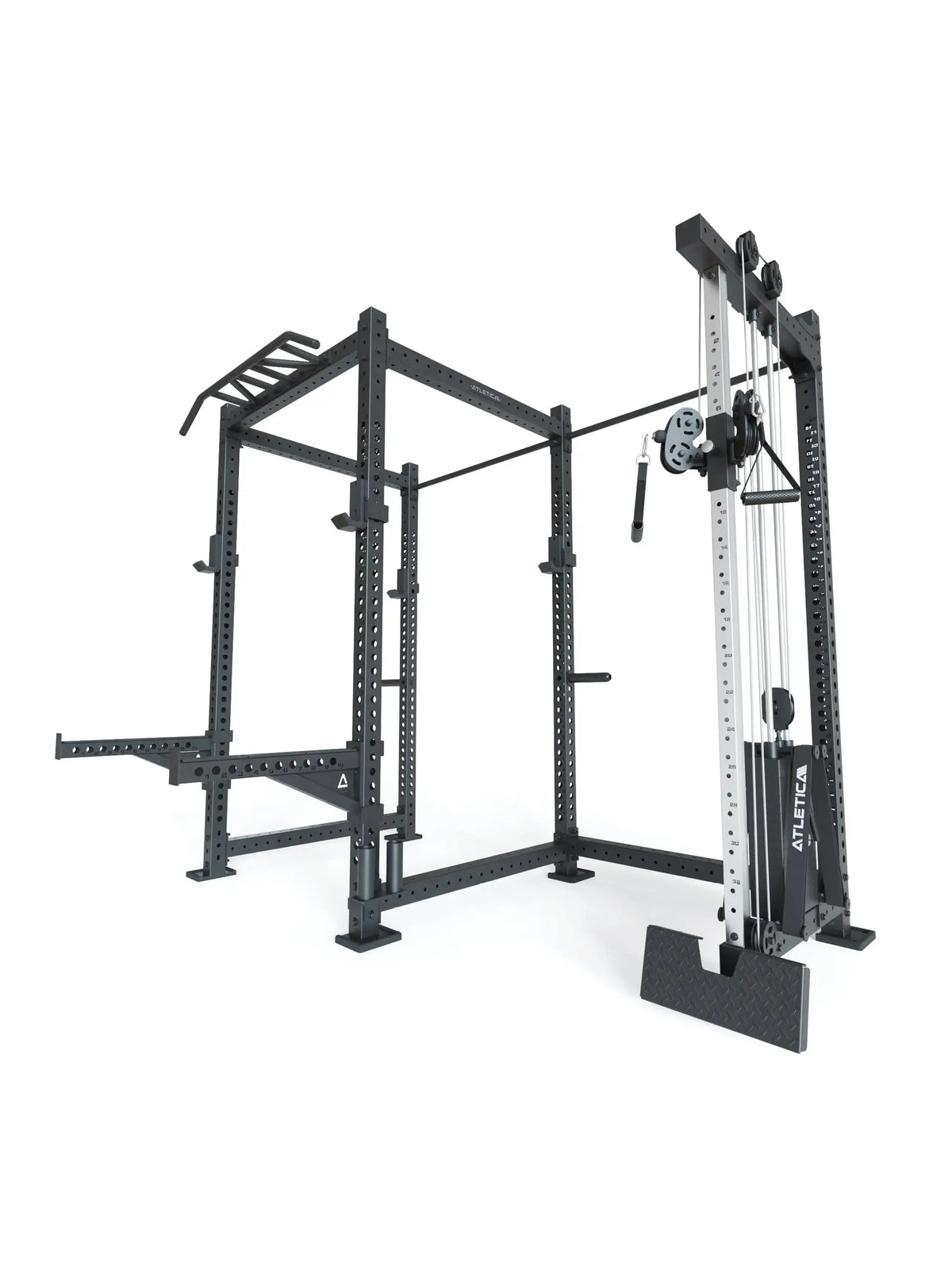 Atletica R8 Drift PRO Power Rack - black rack with pull-up bar, cable pulley tower, weight stack