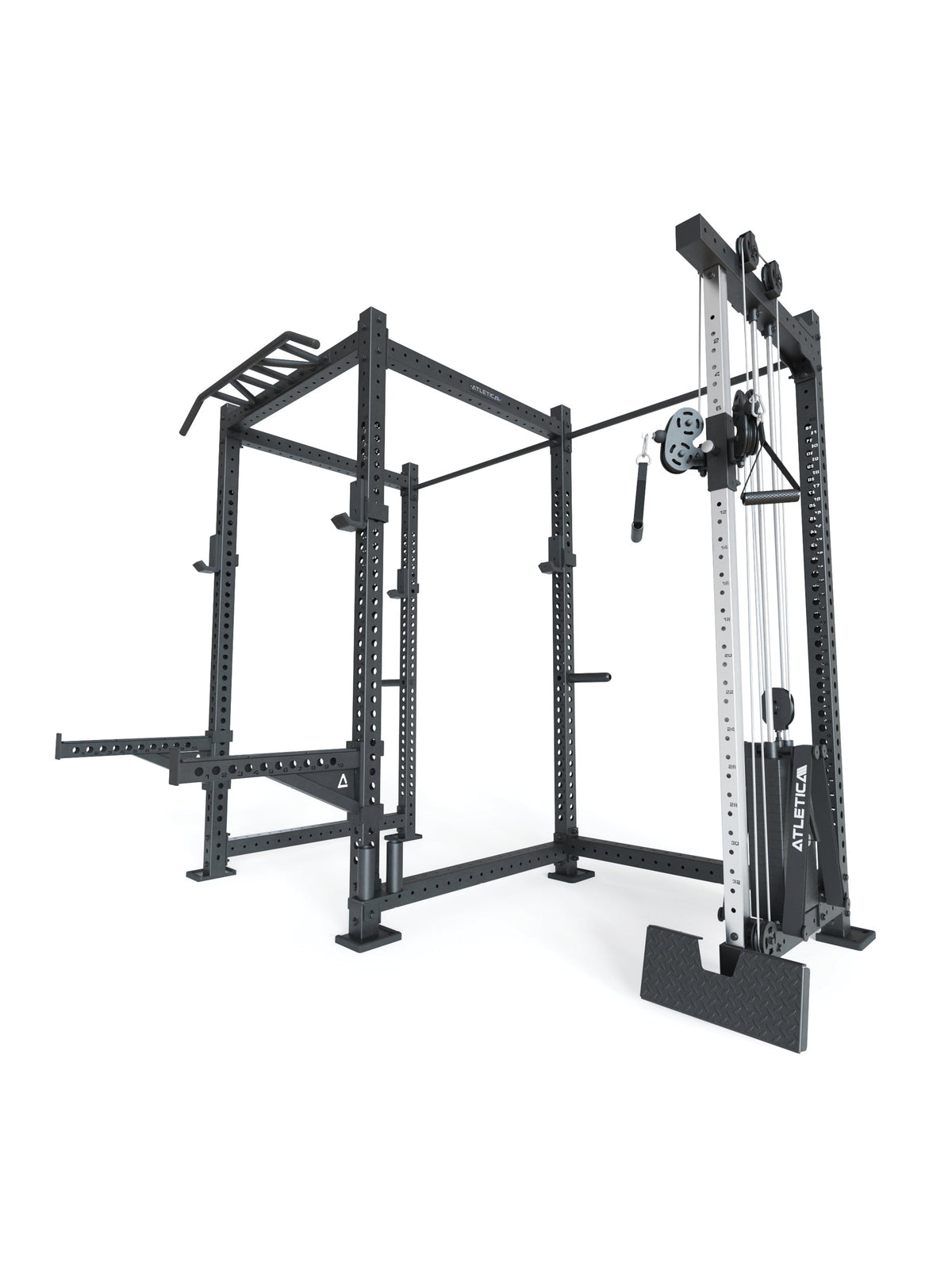 Atletica R8 Drift PRO Power Rack - black rack with pull-up bar, cable pulley tower, weight stack