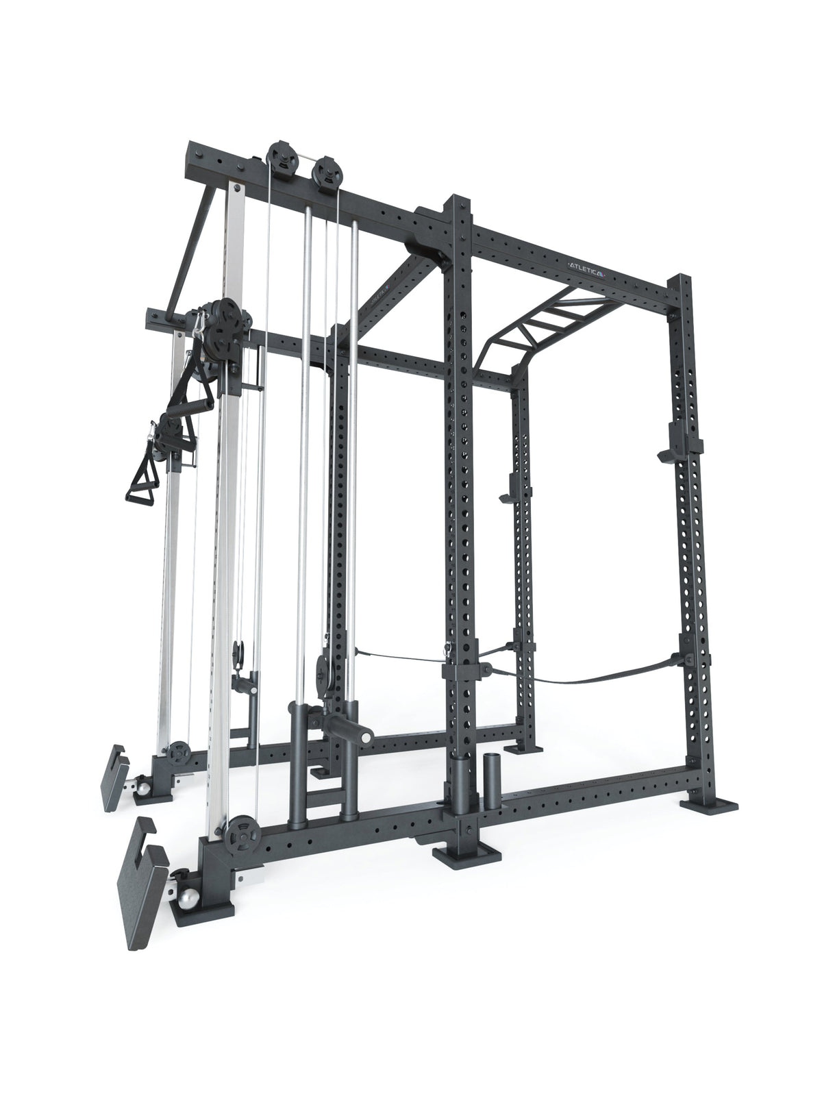 Atletica R8 Duality power rack, plate-loaded, angled side view with loading pins
