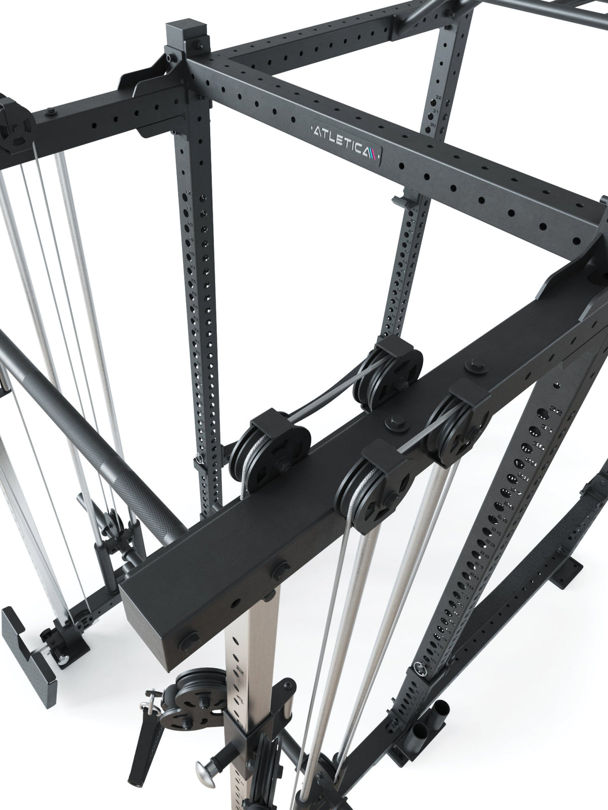 Atletica R8 Duality power rack, plate-loaded, close-up of the top pulleys