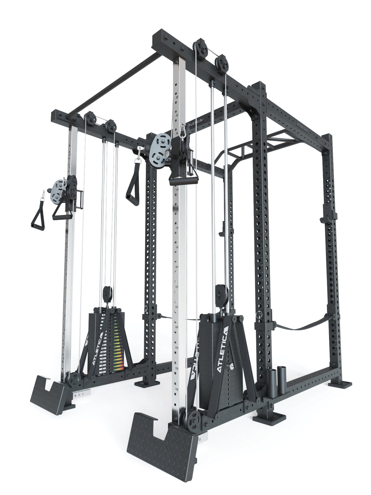 Atletica R8 Duality PRO power rack, long, with two weight stack cable towers, angled front view