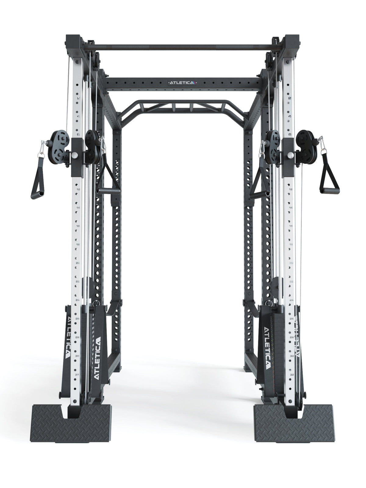 Atletica R8 Duality PRO power rack, long, front view with D-handles and pull-up bar