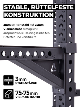 Atletica R8 Bradley electric green rack infographic: stable construction, 11-gauge (3 mm) steel on 3 x 3 inch tubing