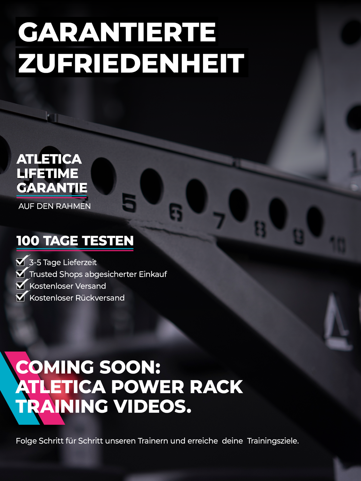 Atletica R8 Bradley stainless steel rack infographic: lifetime frame warranty and 100-day trial