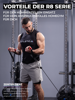 Atletica R8 Bradley Long infographic: R8 series benefits, man doing cable biceps curls