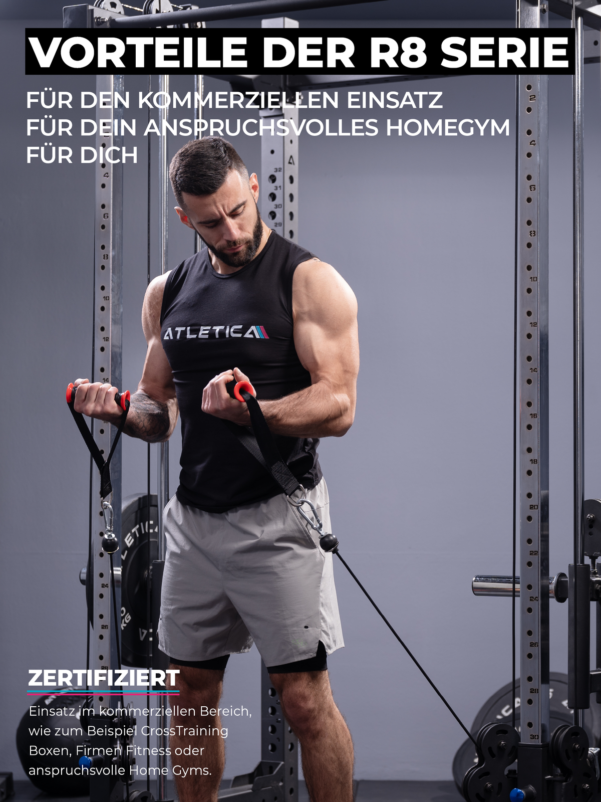 Atletica R8 Bradley Combat Long graphic: man doing cable exercise, R8 series for commercial and home gyms