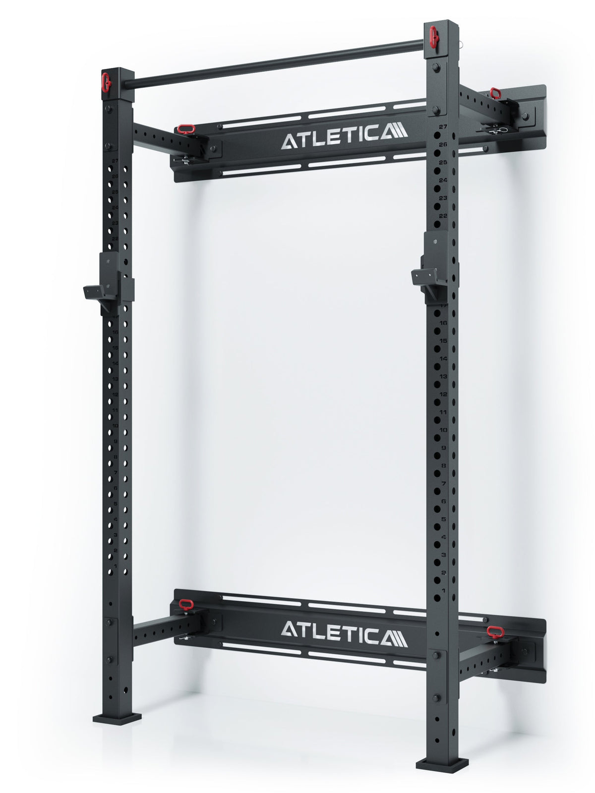 Atletica R7 Wall Rack - black wall frame with pull-up bar, hole grid, red safety pins 