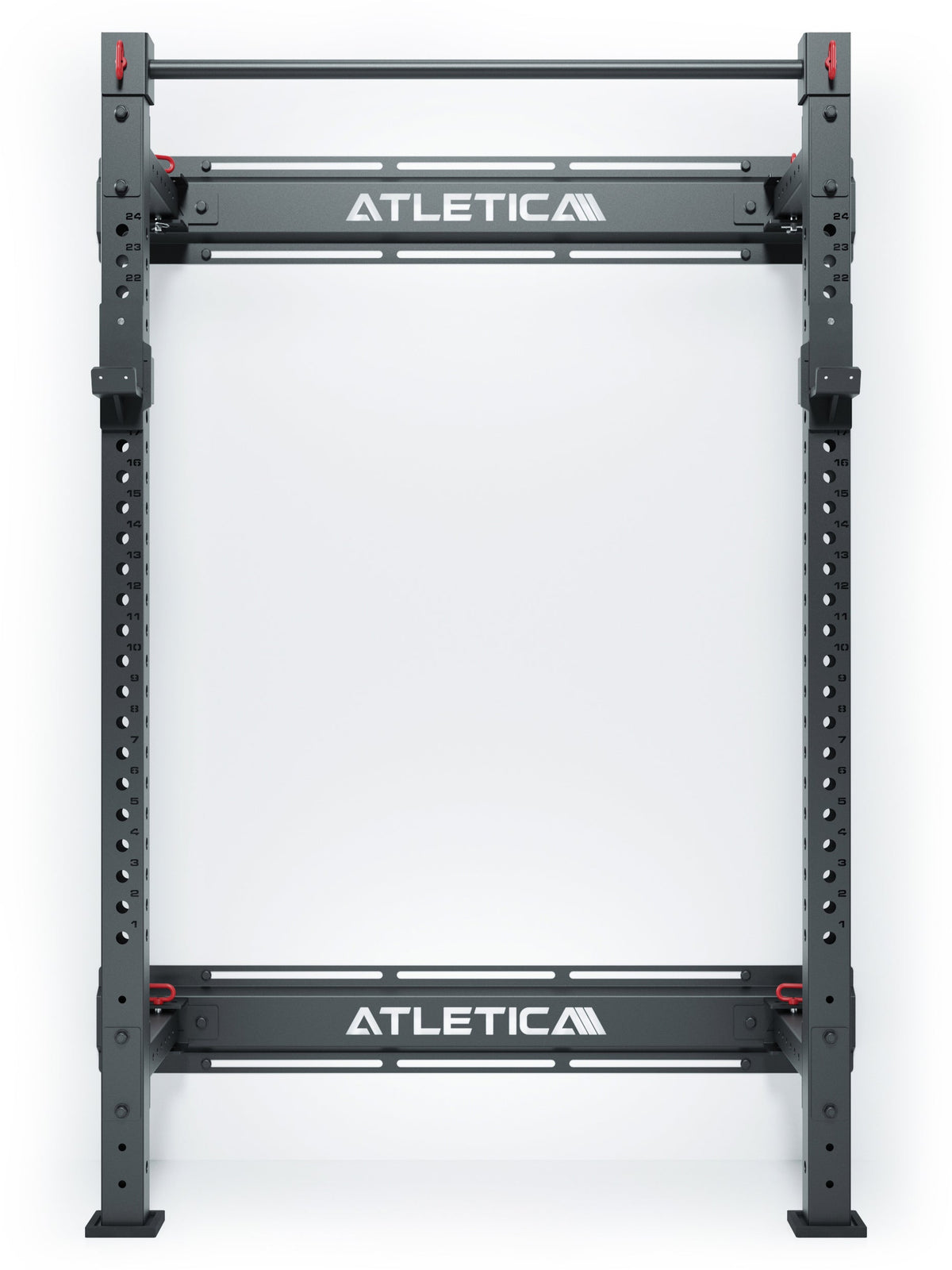 R7 Wall Rack - compact wall strength training device, foldable, with hole grid and logo 