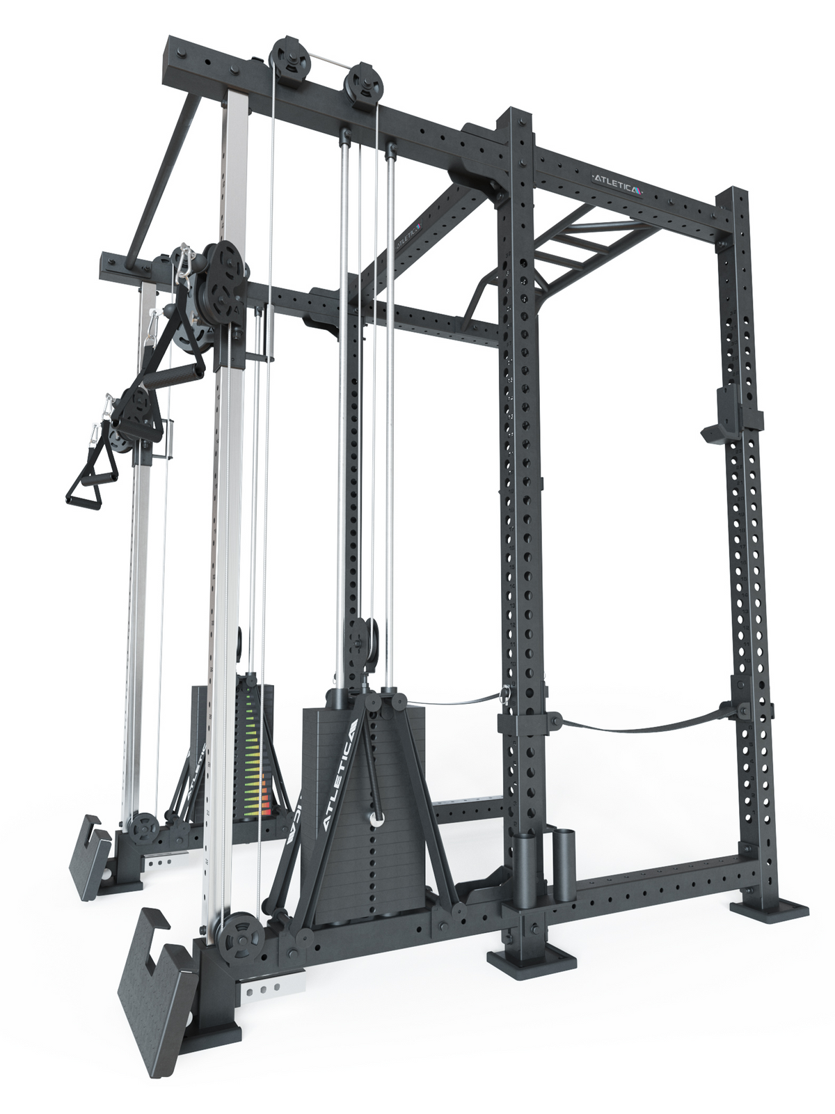 Atletica R8 Duality PRO power rack, medium depth, angled side view with D-handles