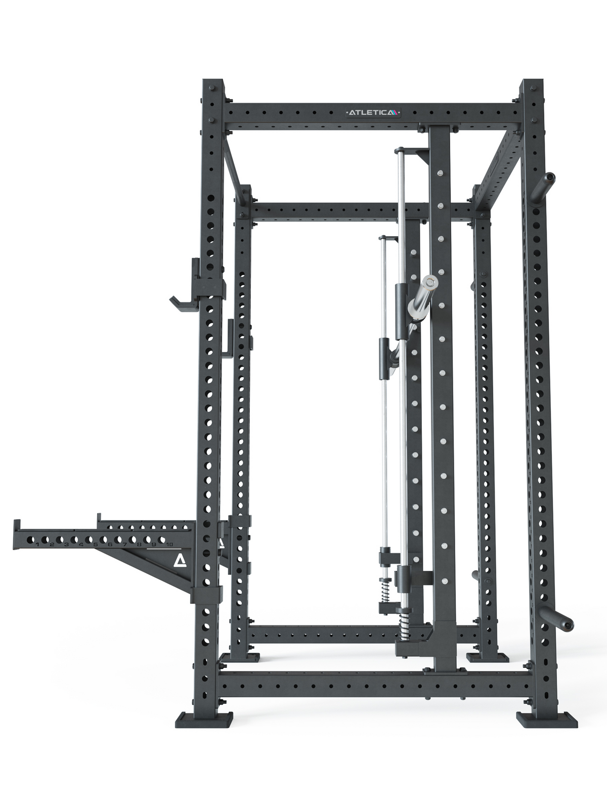 Atletica R8 Spectre Long power rack with Smith machine, empty, side view