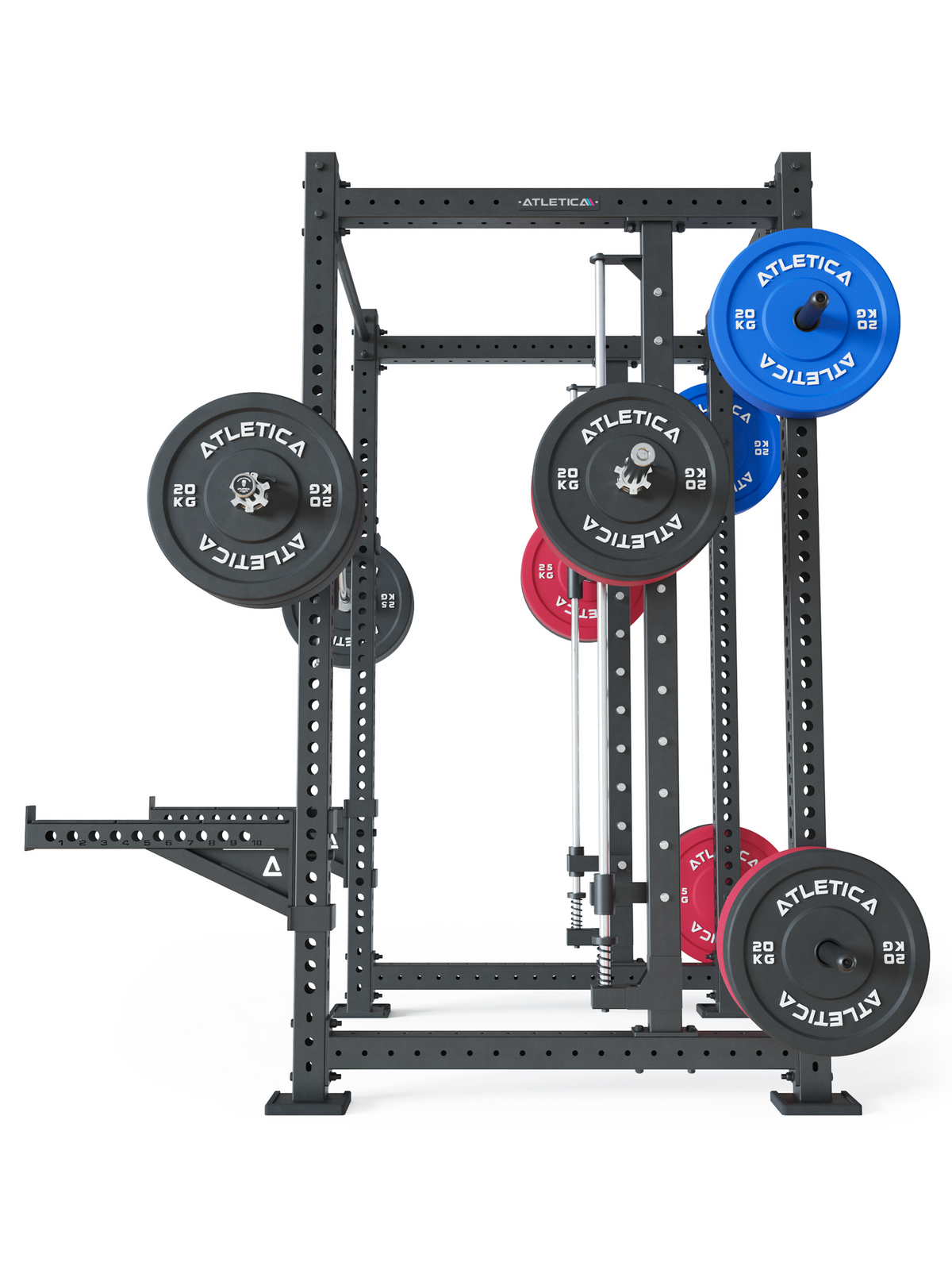 R8 Spectre Power Rack Long - Black Smith Machine with Color Bumper Plates on the Bar