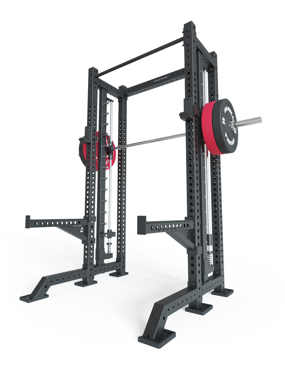 R8 Spectre Short - Black Power Rack with Barbell, Red Bumper Plates Weight Plates, Smith Machine 