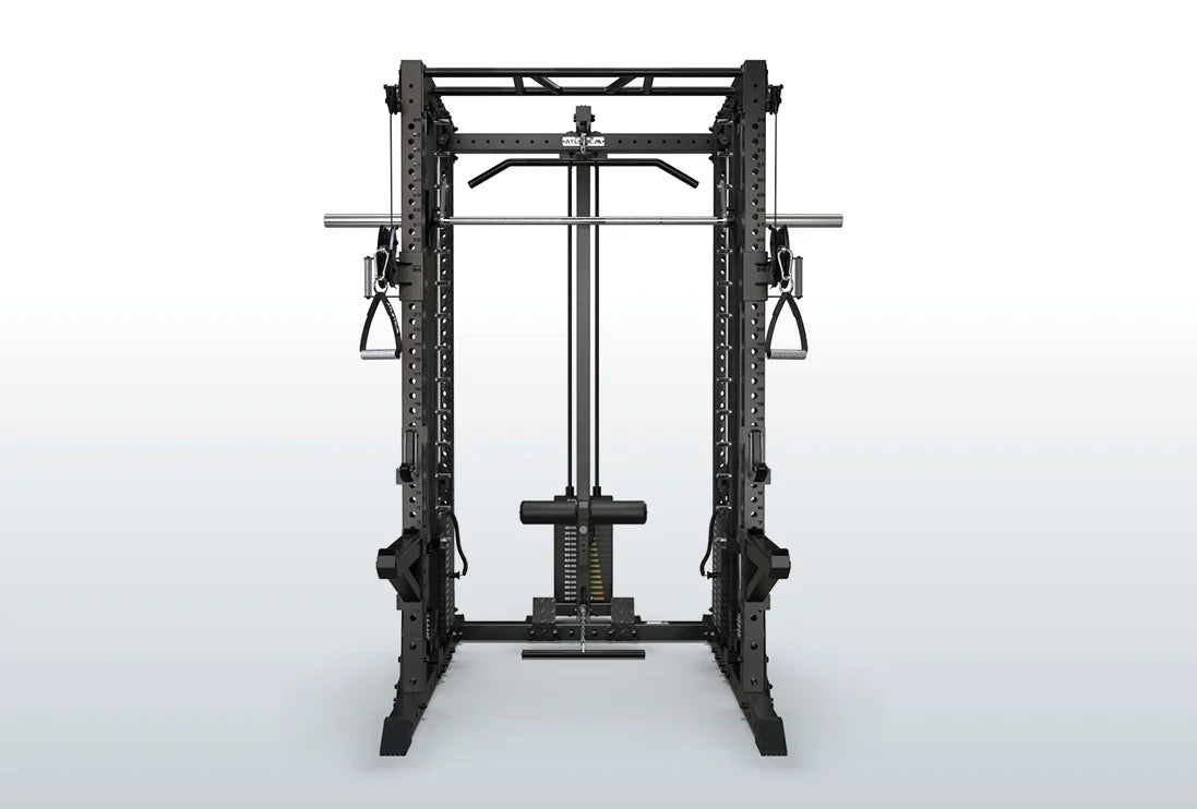 Atletica R7 Fighter Power Rack mit Latzug- und Rudereinheit in frontaler Gesamtansicht