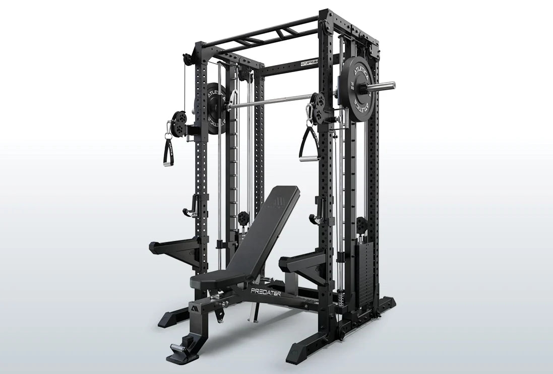 R7 Fighter Base Power Rack mit 2:1 Kabelzugübersetzung, Umlenkrollen, Griffen und Predator Hantelbank