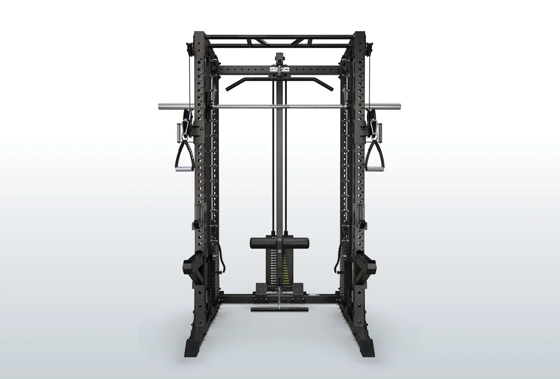 R7 EVO Fighter Power Rack mit Latzug- und Rudereinheit in frontaler Gesamtansicht