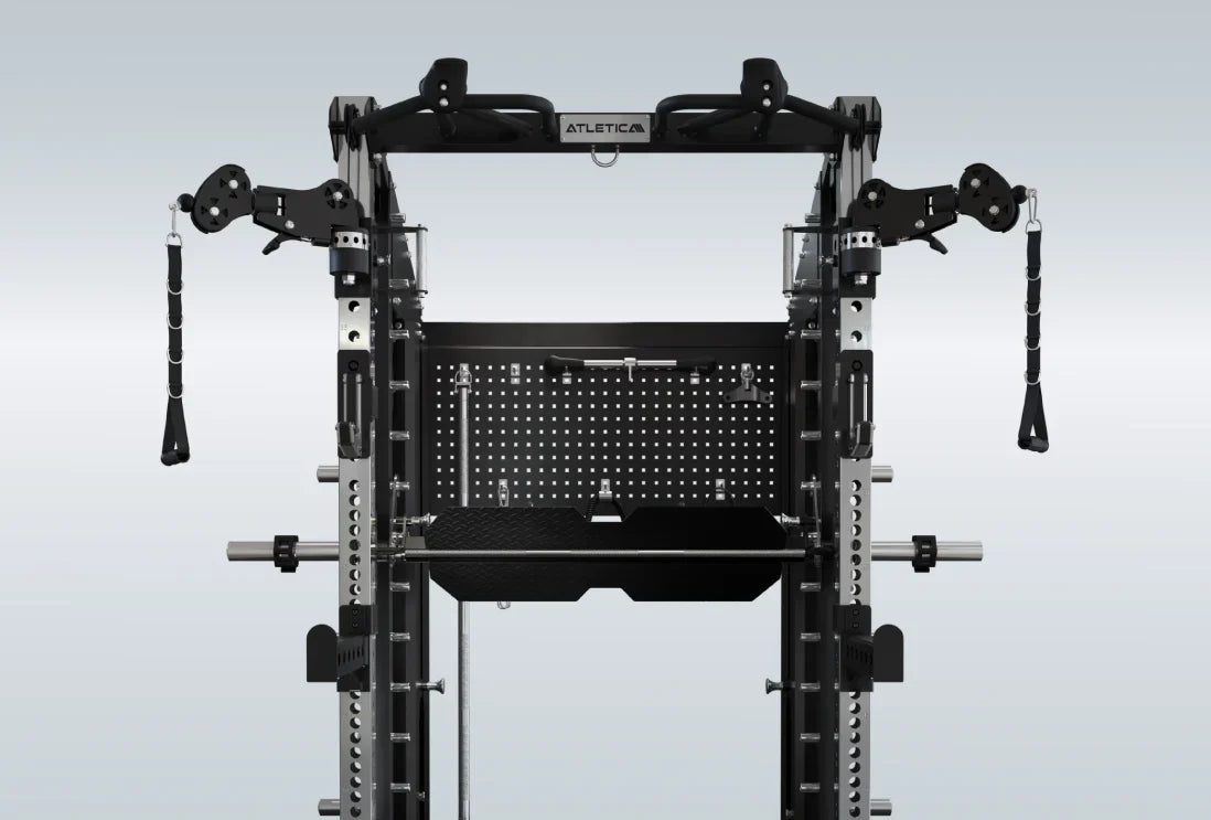 Atletica Defender Multipresse mit integriertem Plate Storage System, Langhantelhalterung und Zubehör-Panel