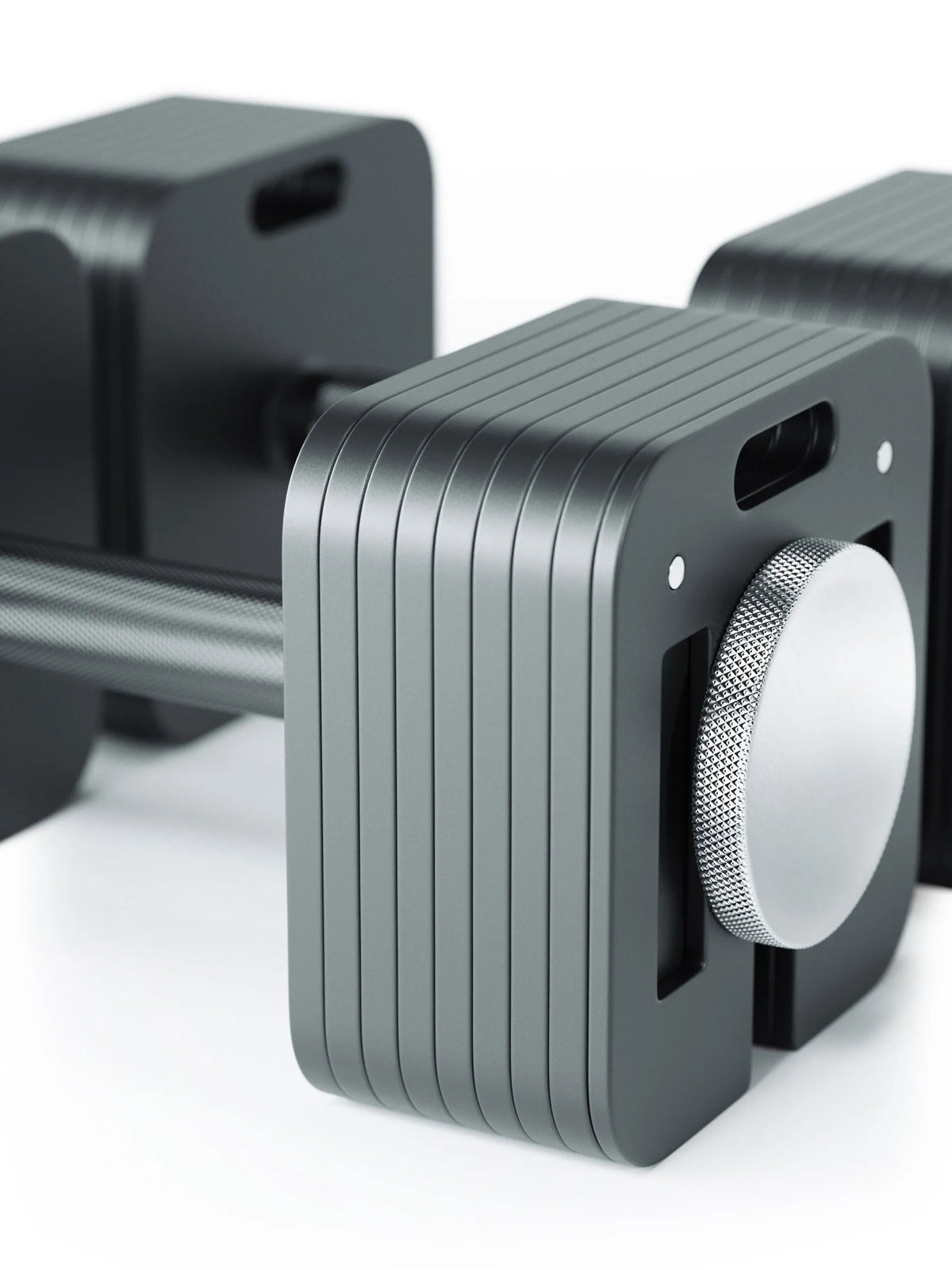 QUAD - Adjustable Dumbbells, gray weight plates, knurled handle