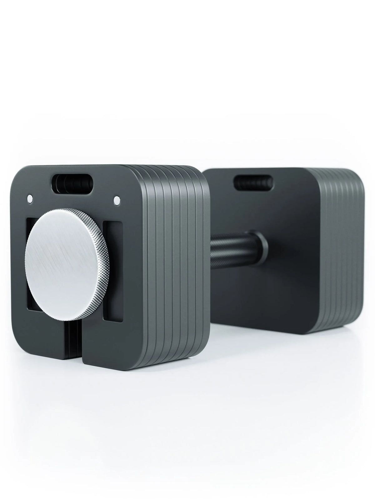QUAD - adjustable Dumbbell, metal plates, knurled handle, round logo on the dial