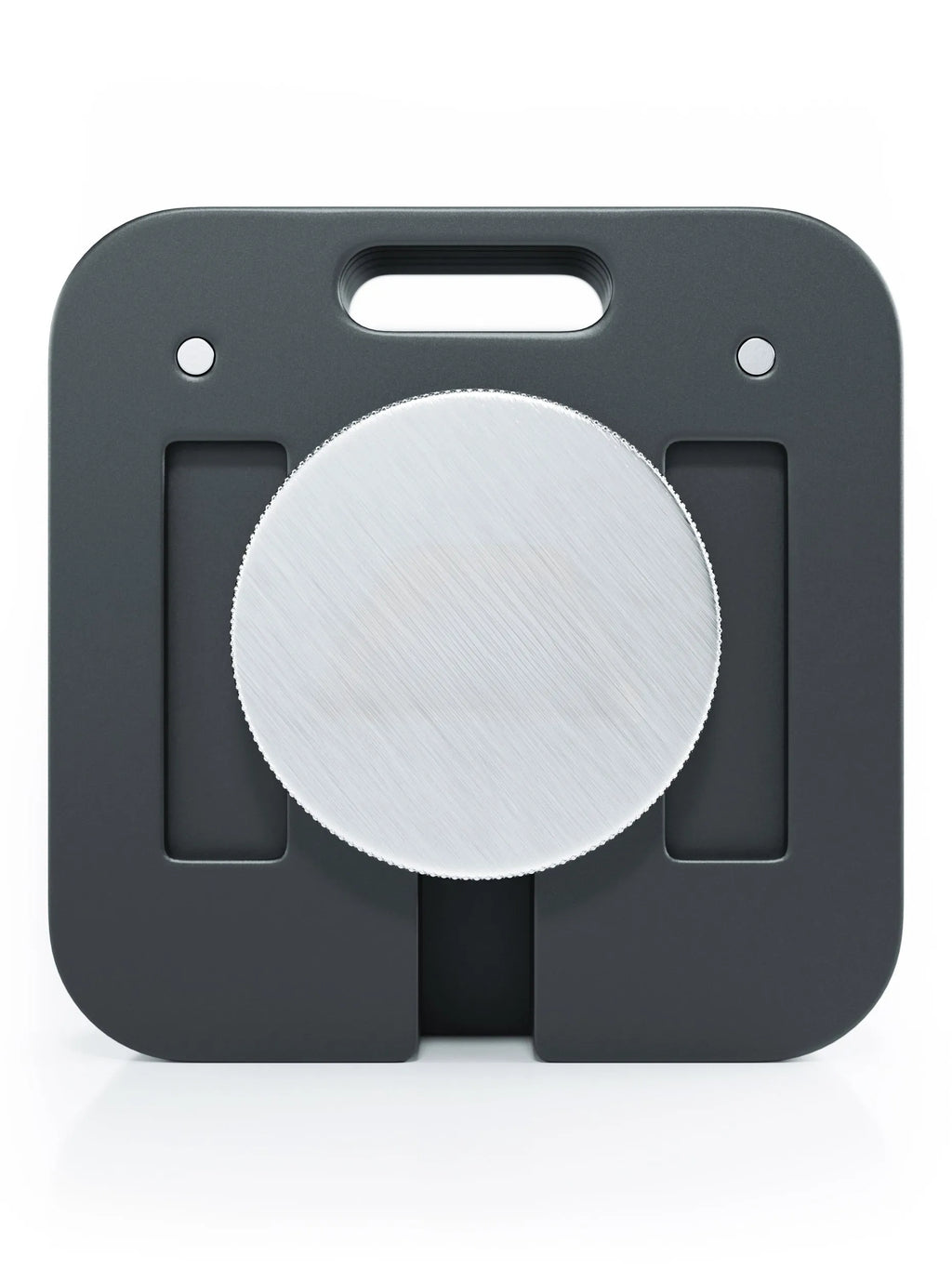 QUAD adjustable dumbbell 45 lb front view with black weight body, carry handle and silver adjustment dial with Atletica logo