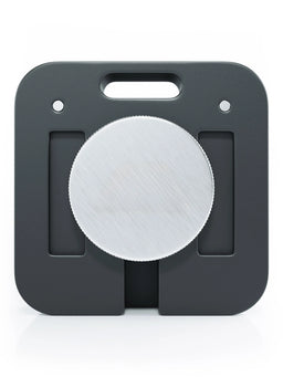QUAD adjustable dumbbell 45 lb front view with black weight body, carry handle and silver adjustment dial with Atletica logo