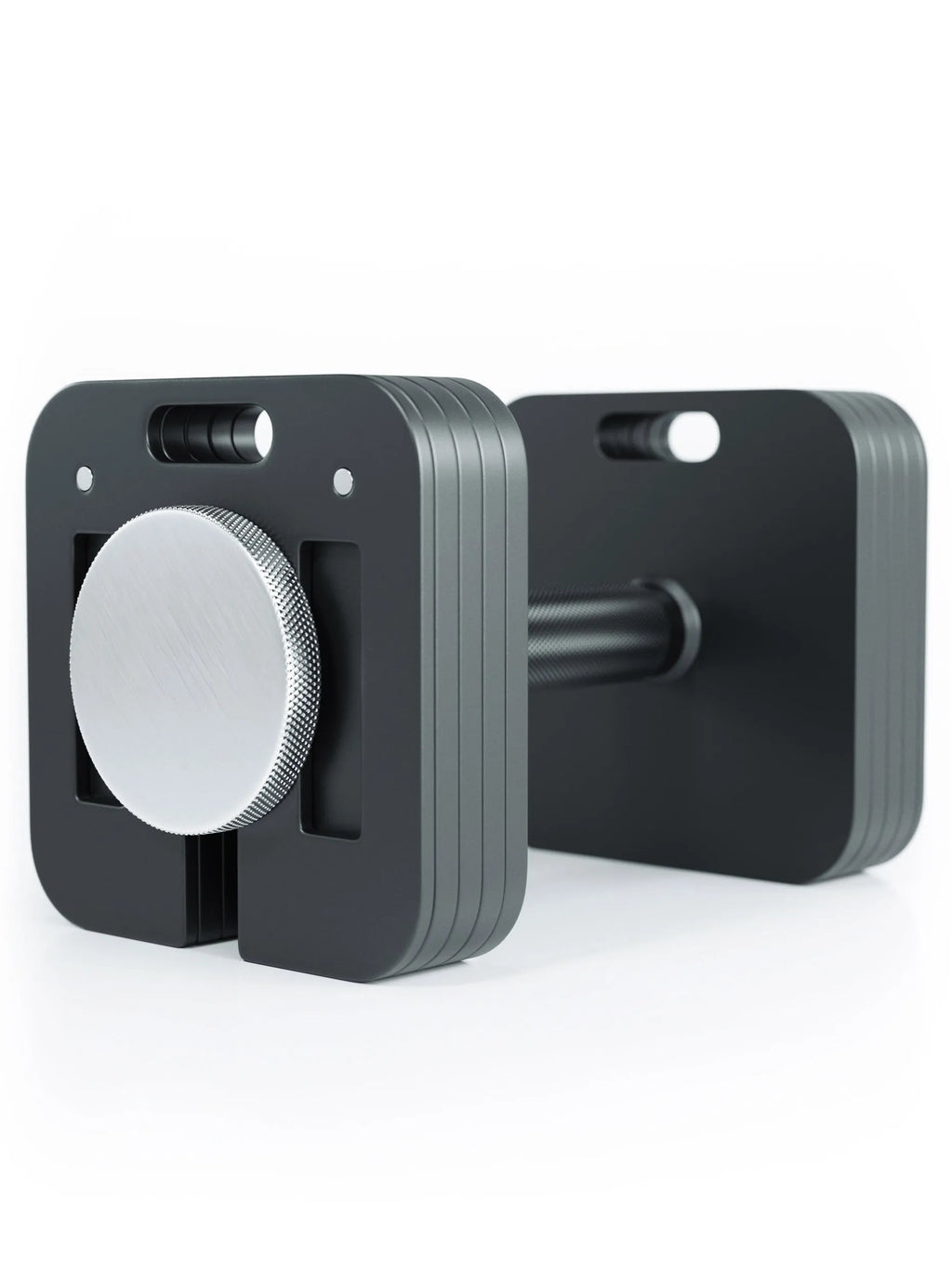 Atletica QUAD Adjustable Dumbbells 45 lb Pair with black weight plates, silver adjustment dial and knurled grip