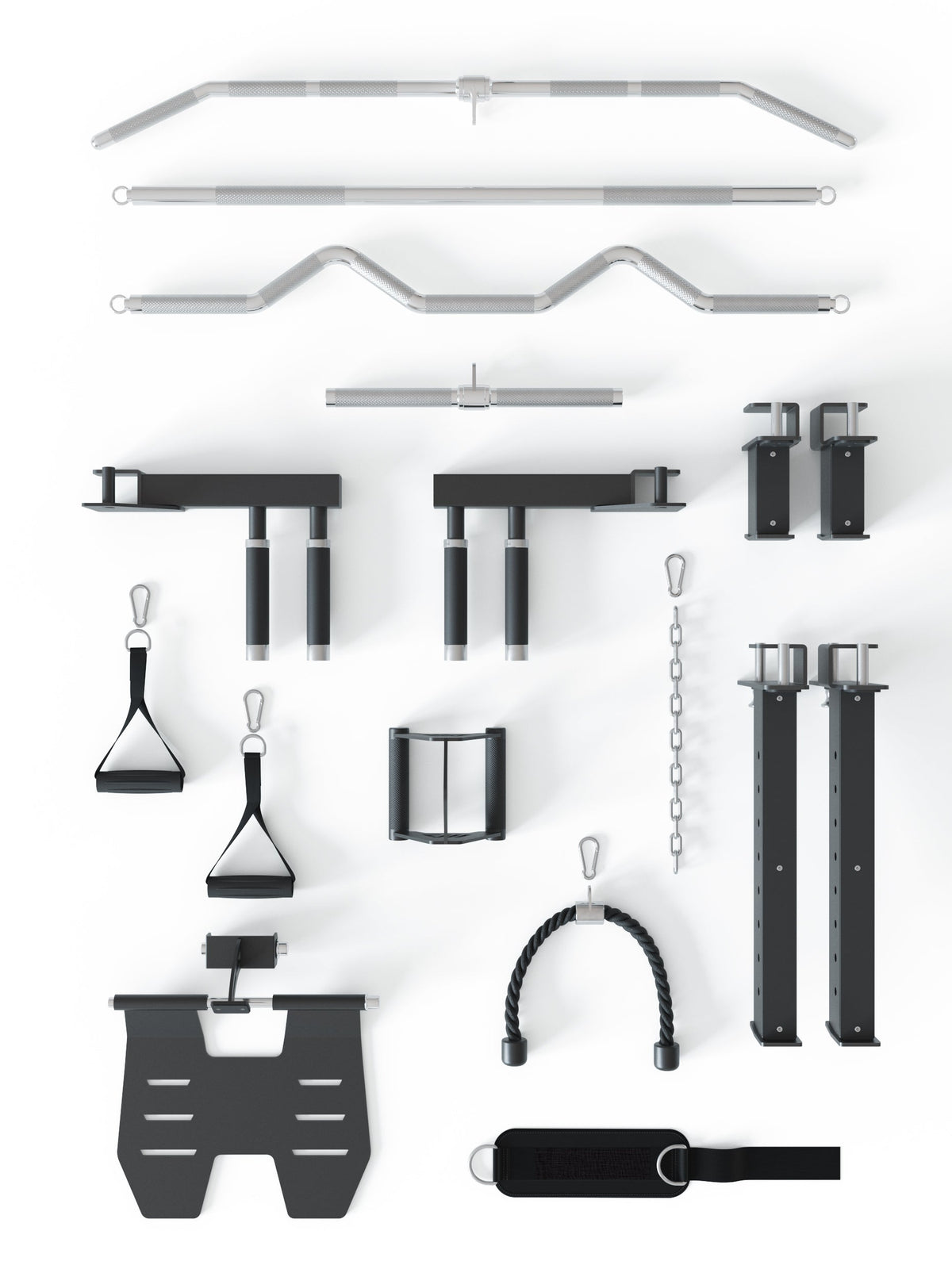 Quantum Home Gym Accessories: Single Handles, Triceps Rope, Curl Bar, Dip Bars, Jammer Arms, Belt Squat Platform