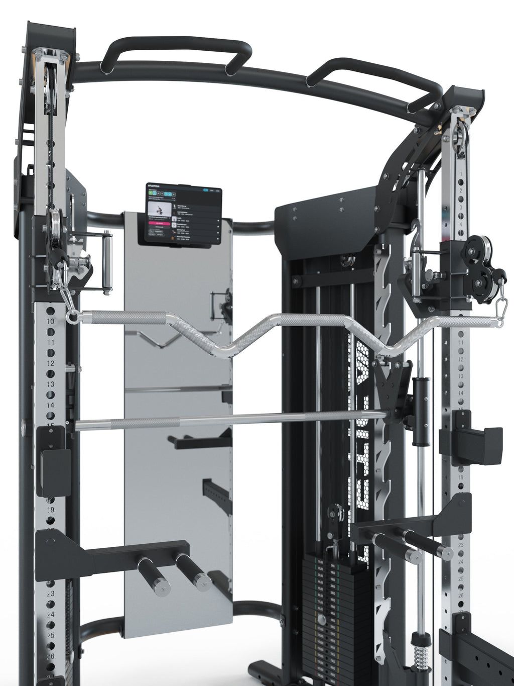 Home Gym PRO Quantum:
Award-winning design with many parts made of stainless steel,
Including training mirror, smart device holder and extensive accessories
