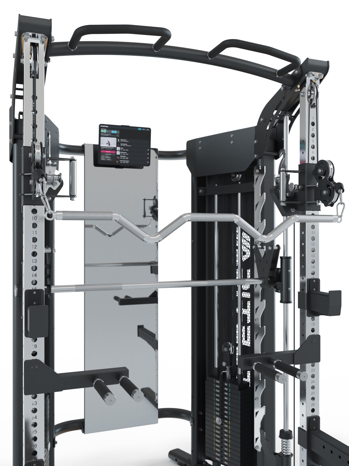 Home Gym PRO Quantum:
Award-winning design with many parts made of stainless steel,
Including training mirror, smart device holder and extensive accessories