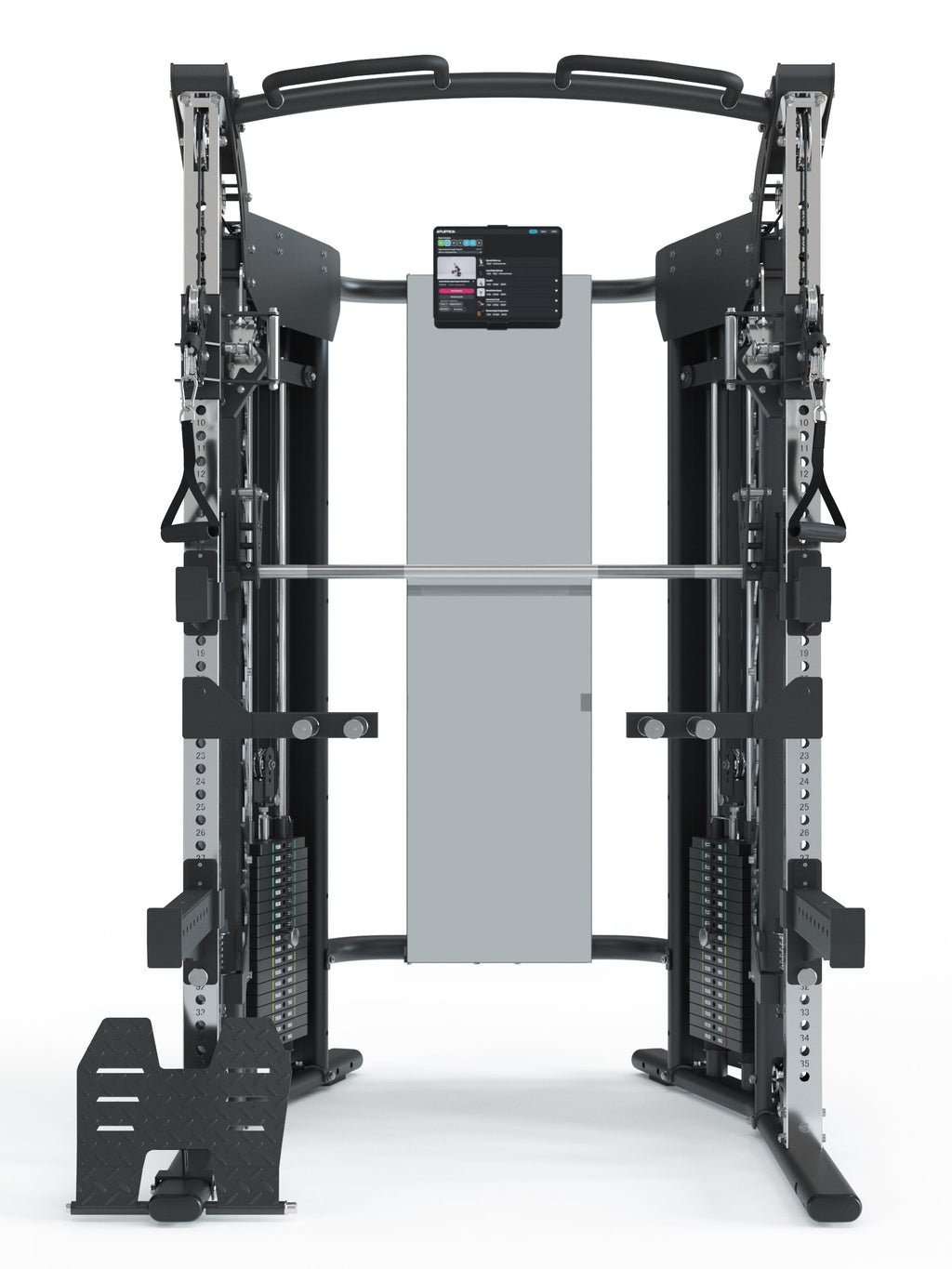 Quantum Home Gym with dual Cable Pulley, 2× 200 lb weight stack, Smart Device Holder, and Smith Machine linear ball-bearing mounted