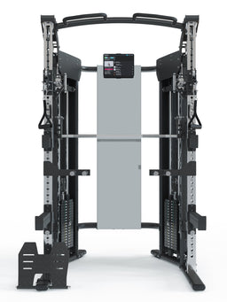 Quantum Home Gym with dual Cable Pulley, 2× 200 lb weight stack, Smart Device Holder, and Smith Machine linear ball-bearing mounted