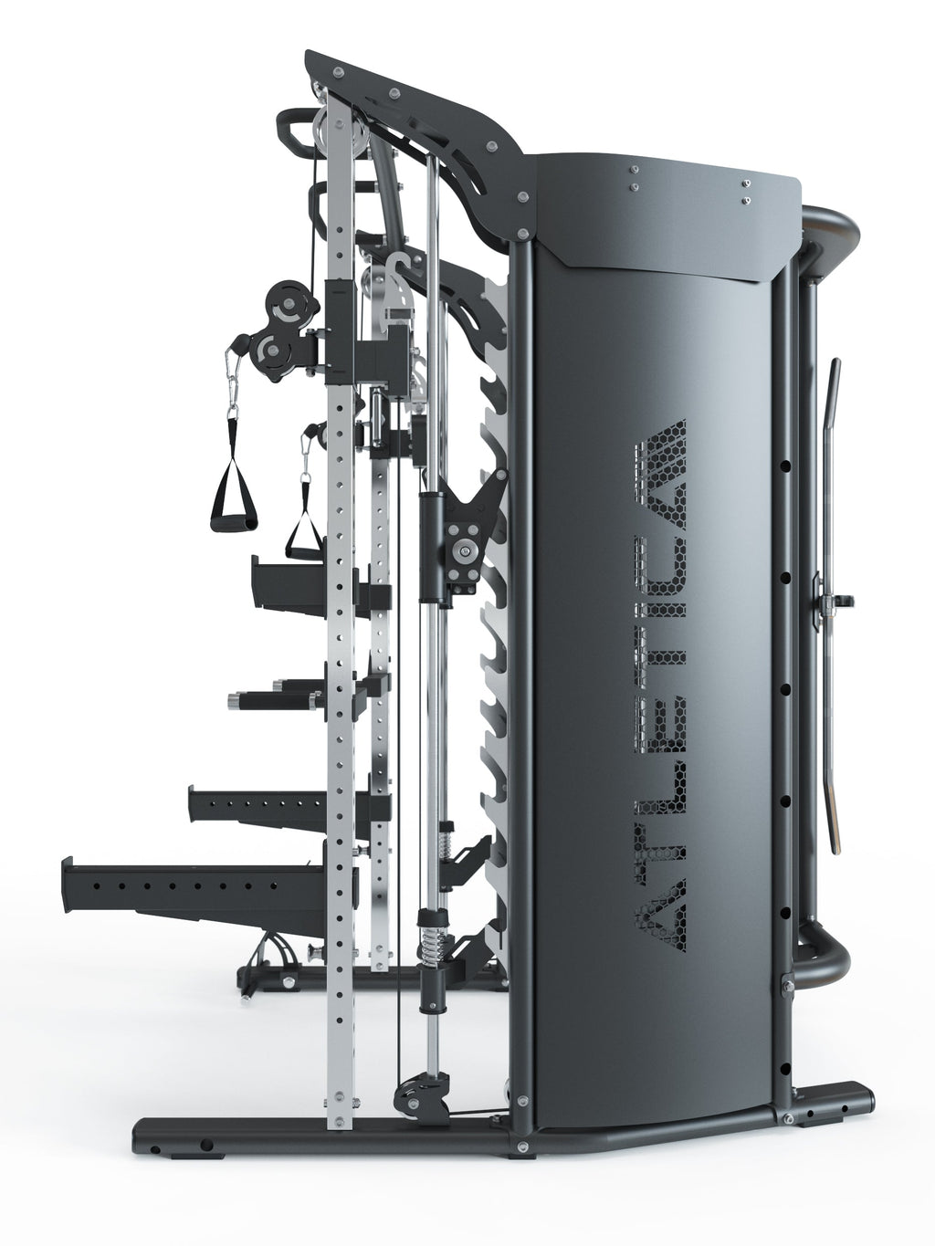 Atletica Quantum Home Gym with Safety Spotter Arms, Smith Machine and dual cable pulley - Side view