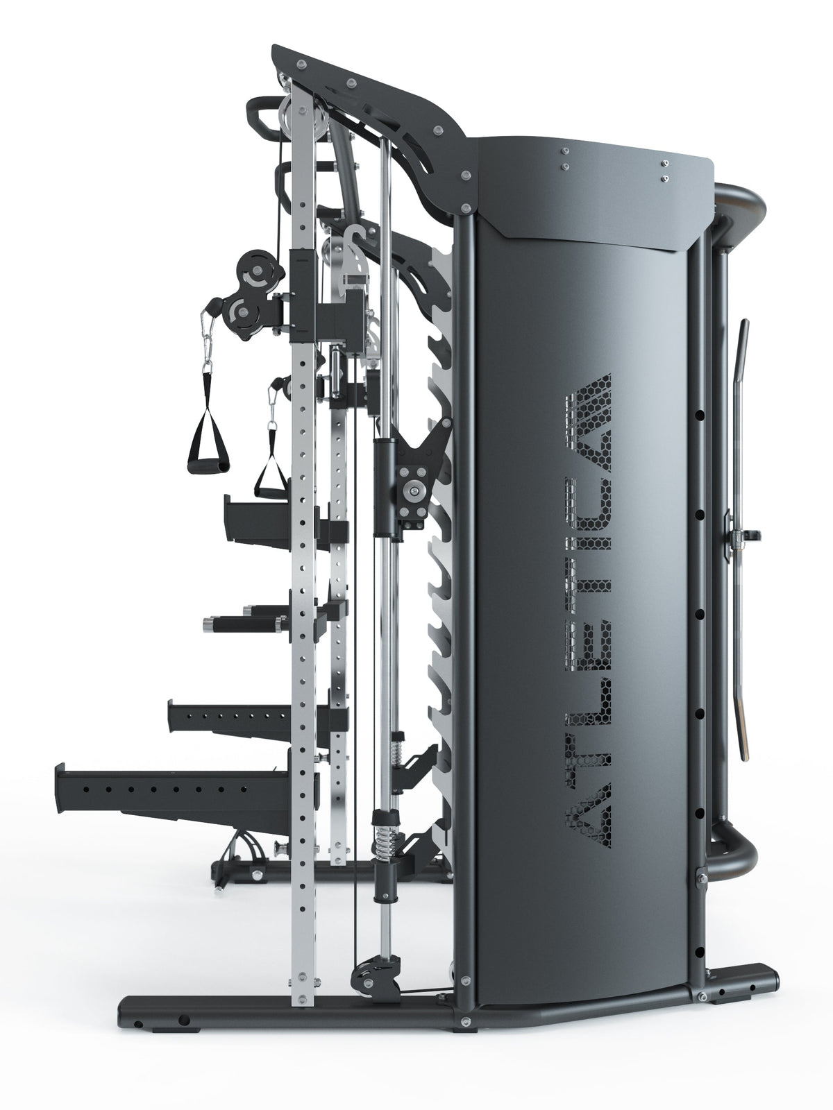 Home Gym PRO Quantum:
Full-body training without weight plates,
Smith Machine - linearly guided,
Dual Cable Pulley with 2x 200 lb weight stack,
Award-winning design with many stainless steel parts,
Including training mirror, smart device holder and extensive accessories
