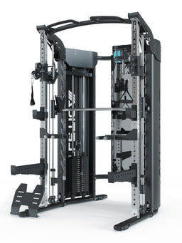 Home Gym PRO Quantum:
Full-body training without weight plates,
Smith Machine - linearly guided,
Dual Cable Pulley with 2x 200 lb weight stack,
Award-winning design with many stainless steel parts,
Including training mirror, smart device holder and extensive accessories
