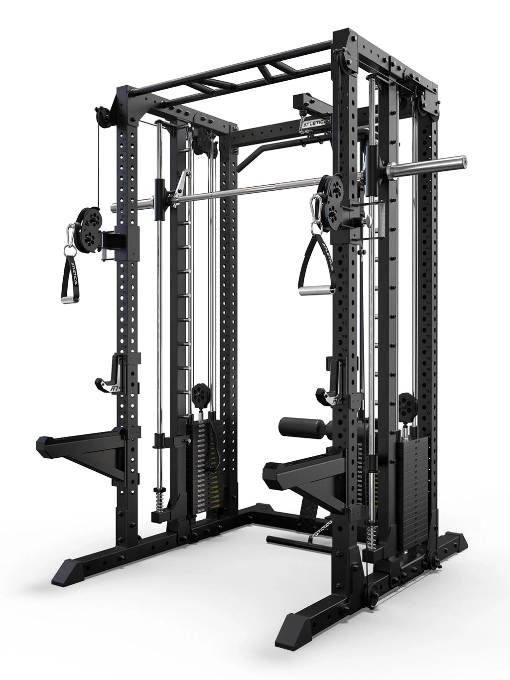 Atletica R7-Fighter Power Rack with integrated Lat Pulldown and low row in black steel construction with Smith Machine and Functional Trainer