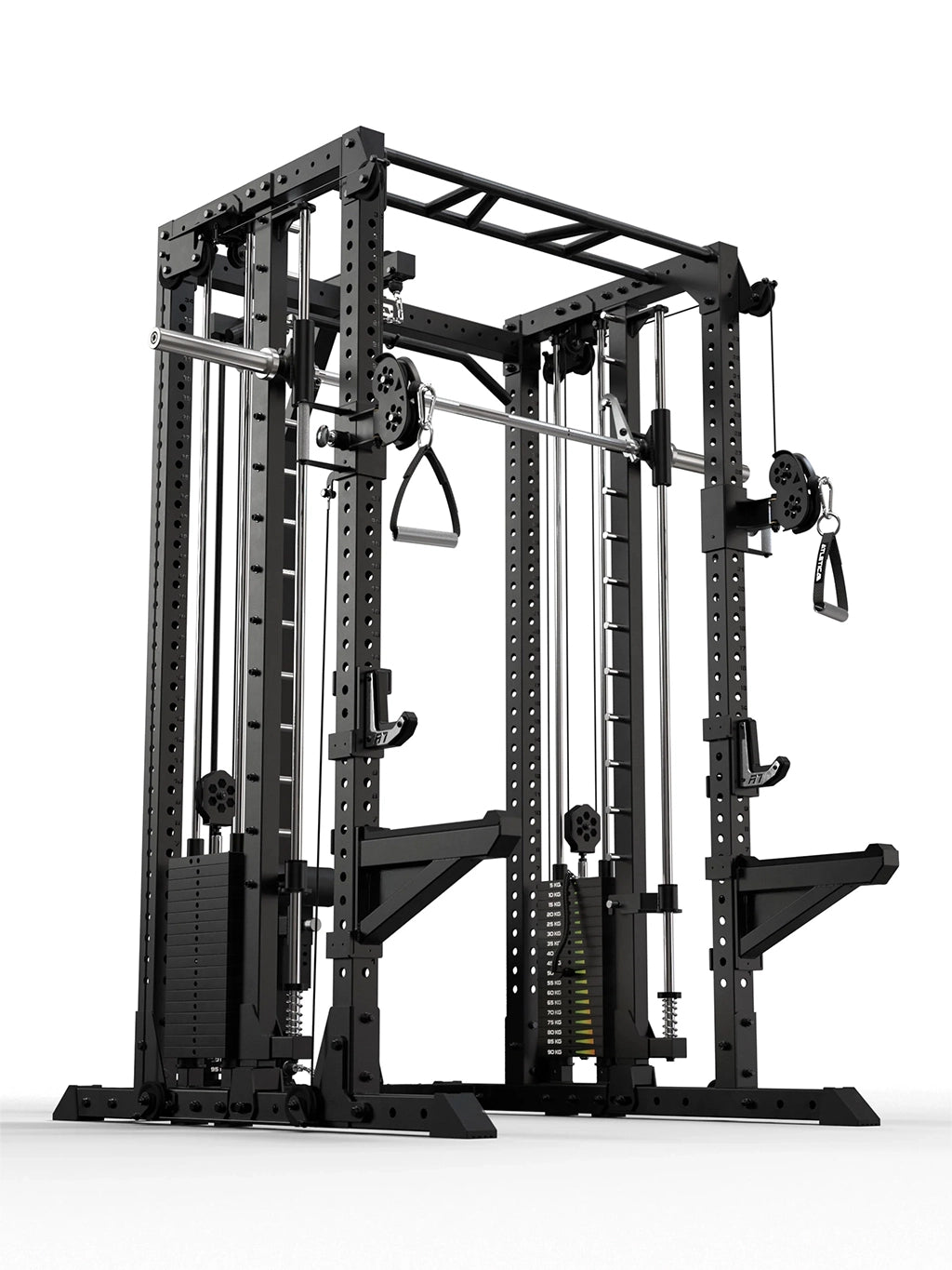 R7-Fighter Power Rack with functional trainer and Smith Machine in angled front view made of black steel