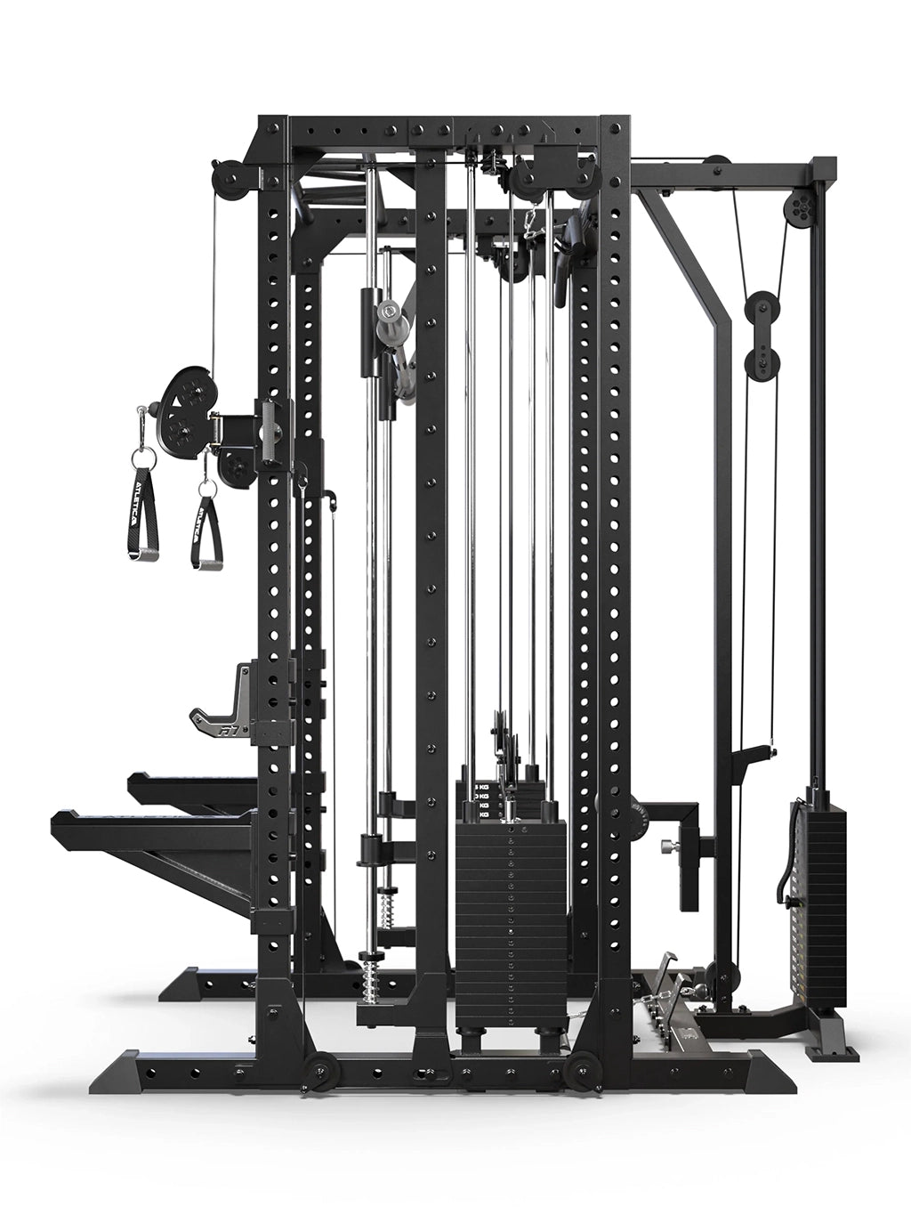 R7-Fighter Power Rack with side view of the lat pulldown and low row, two weight stacks and guided Barbell