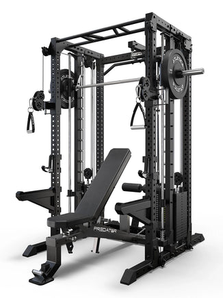 R7-Fighter Power Rack with Predator adjustable Weight Bench in black finish and integrated Smith Machine