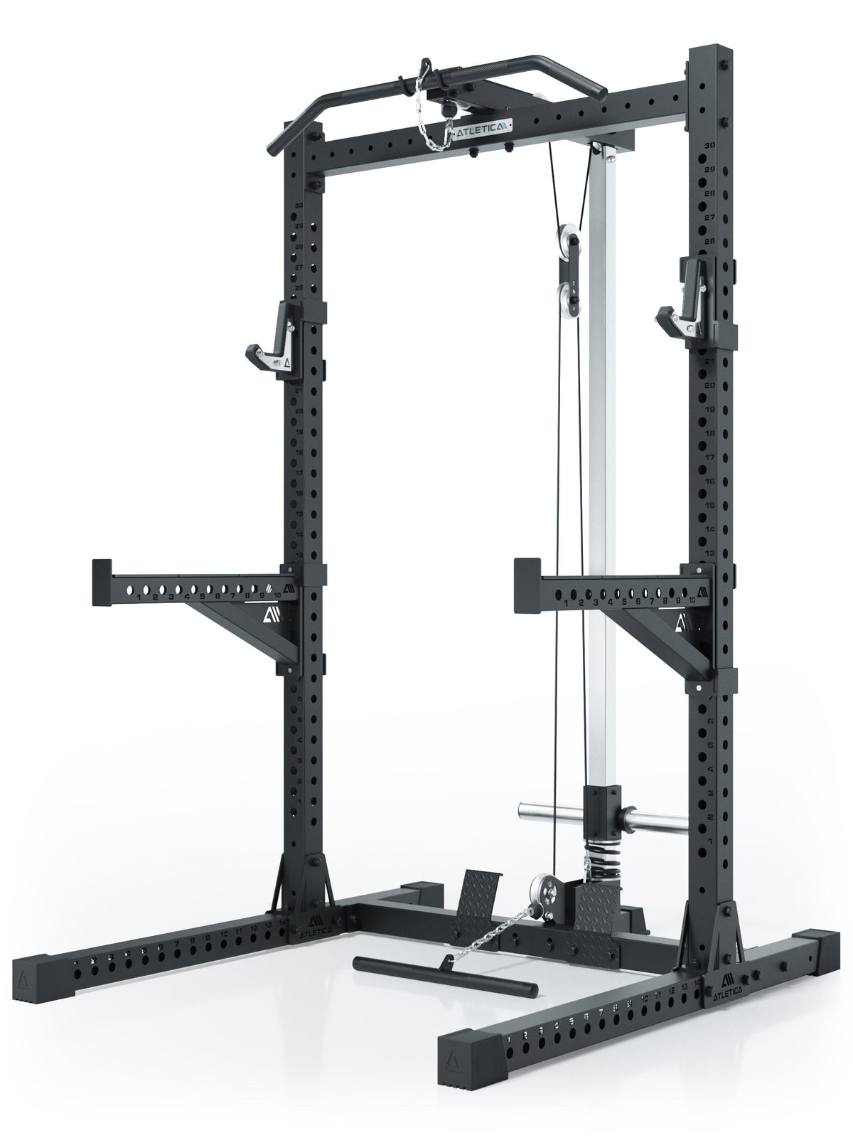 Atletica R7 Rider Power Rack Plate Load Version with Pull-Up Bar, cable pulley, weight plate holders