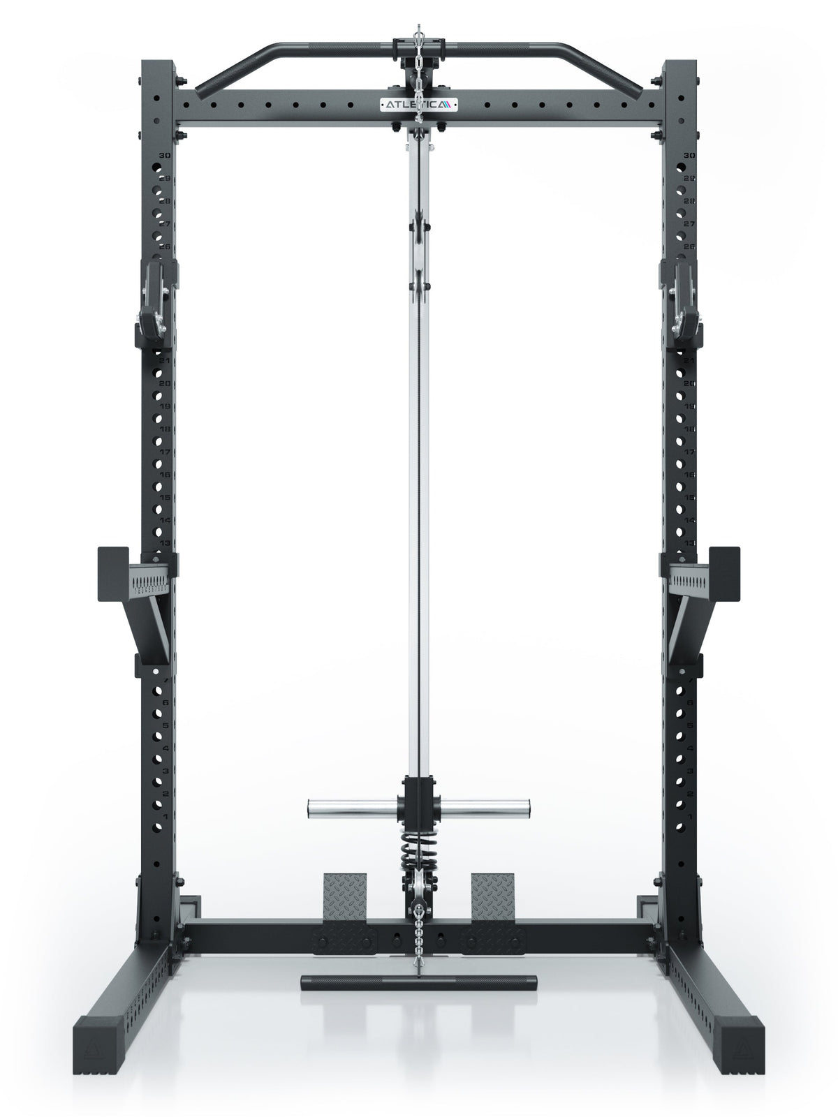 R7 Rider Power Rack Plate Load Version with barbell, pull-up bar, adjustable safety supports