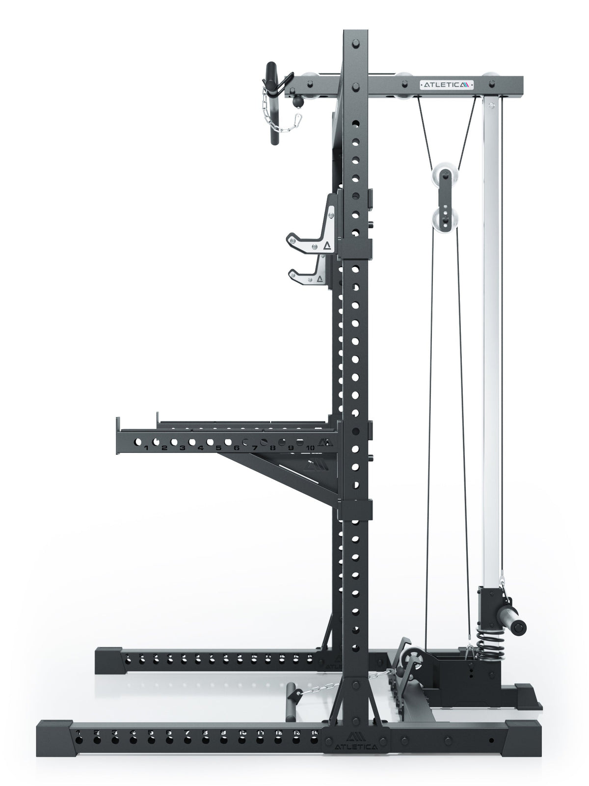 R7 Rider Power Rack Plate Load version with cable pulley, barbell storage, for full-body strength training