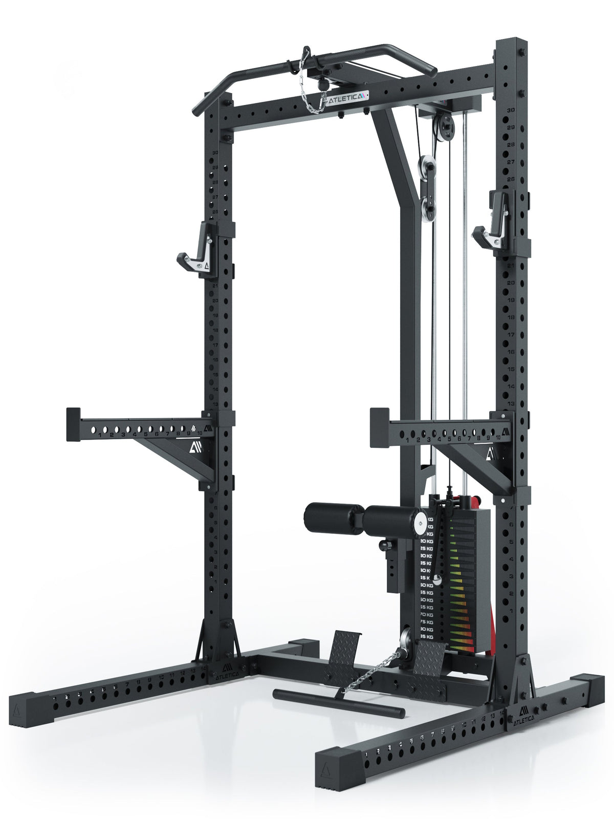 Atletica R7 Rider Squat Rack with lat pulldown with 210 lb weight stack and Deadlift Station, for full-body strength training