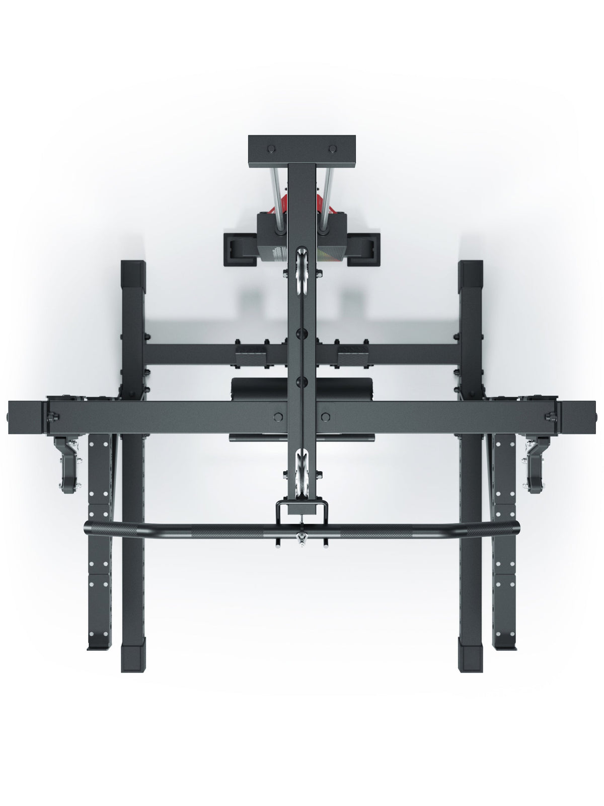 R7 Rider Squat Rack top view - with integrated Lat Pulldown system with weight stack and Spotter Arms