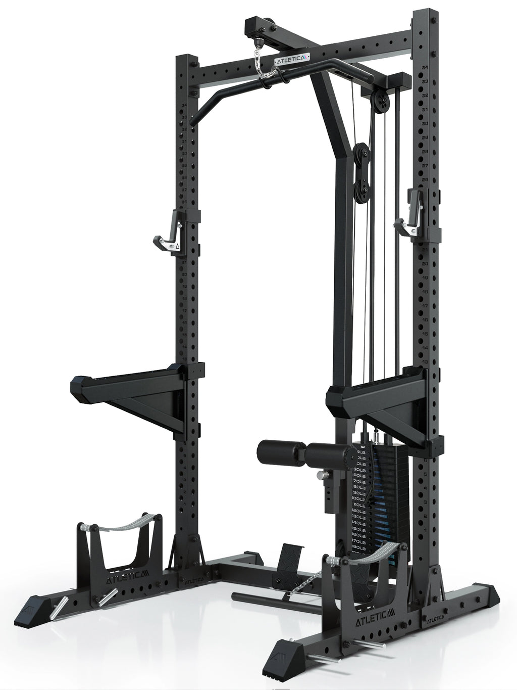 ATLETICA R7 Rider Weight Stack squat rack with cable tower – angled front view