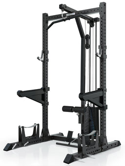 ATLETICA R7 Rider Weight Stack squat rack with cable tower – angled front view