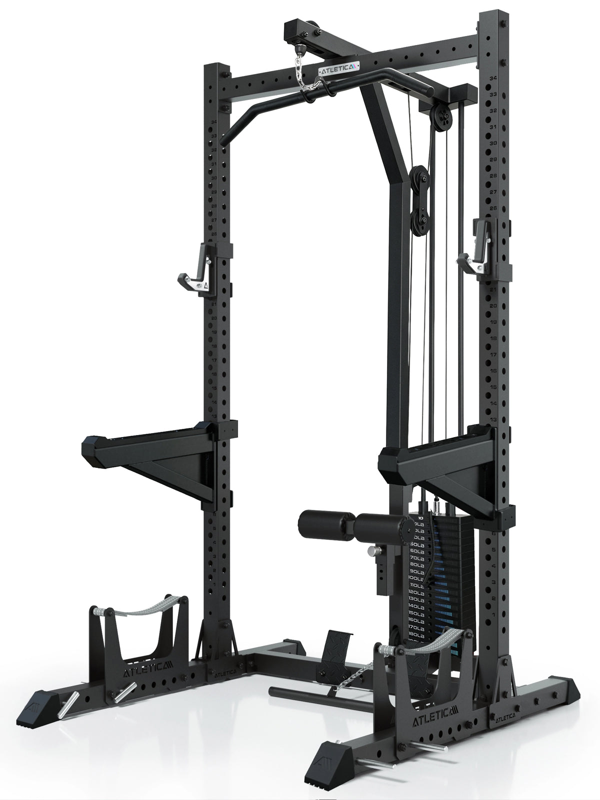 ATLETICA R7 Rider Weight Stack squat rack with cable tower – angled front view