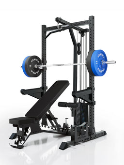 ATLETICA R7 Rider Weight Stack with adjustable bench and loaded barbell
