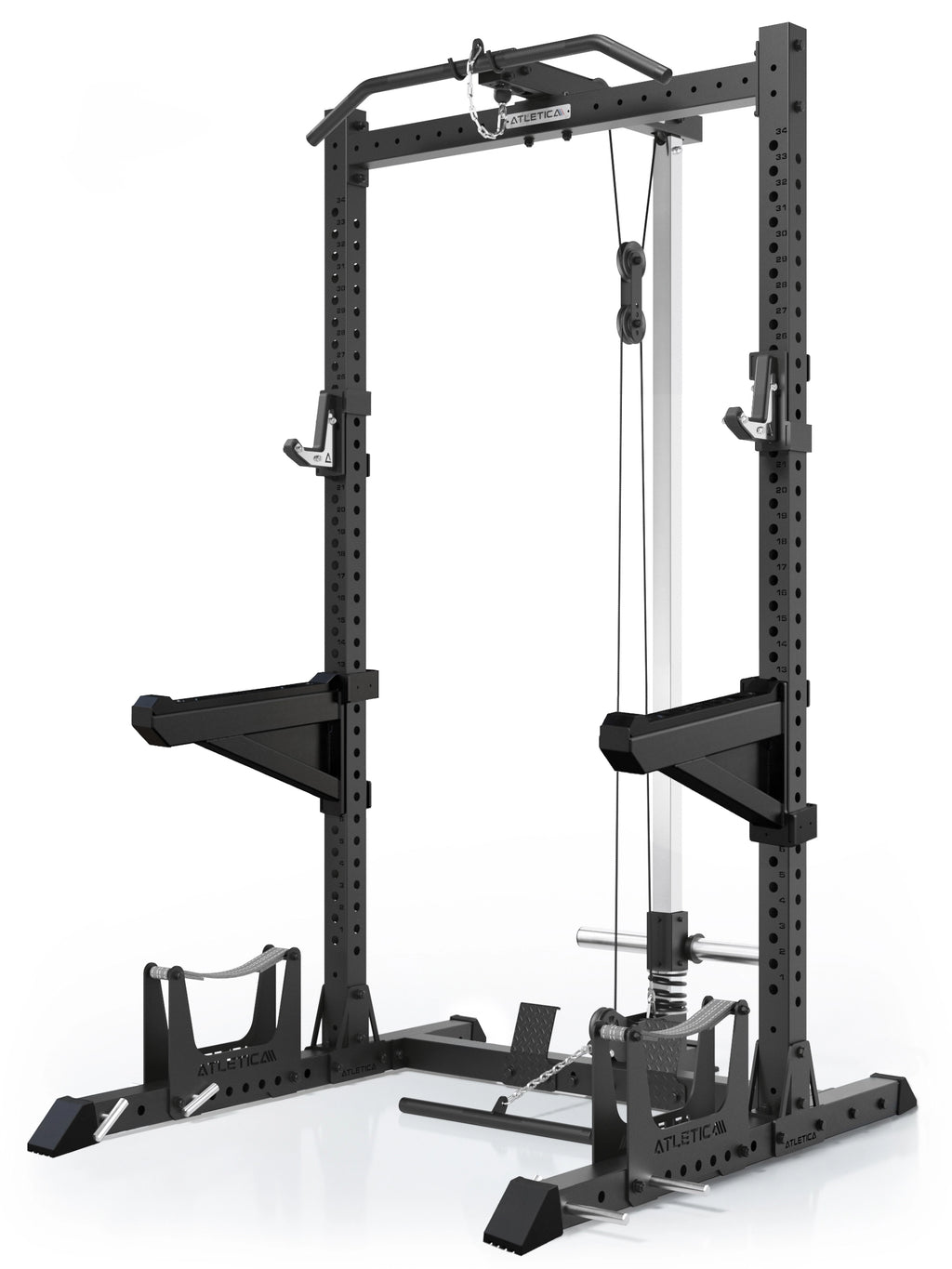 ATLETICA R7 Rider Plate Loaded squat rack with cable tower – angled front viewv