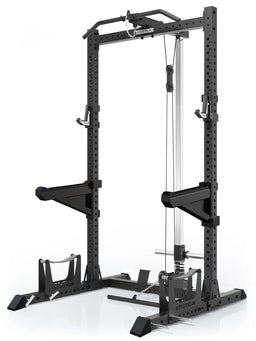 ATLETICA R7 Rider Plate Loaded squat rack with cable tower – angled front viewv