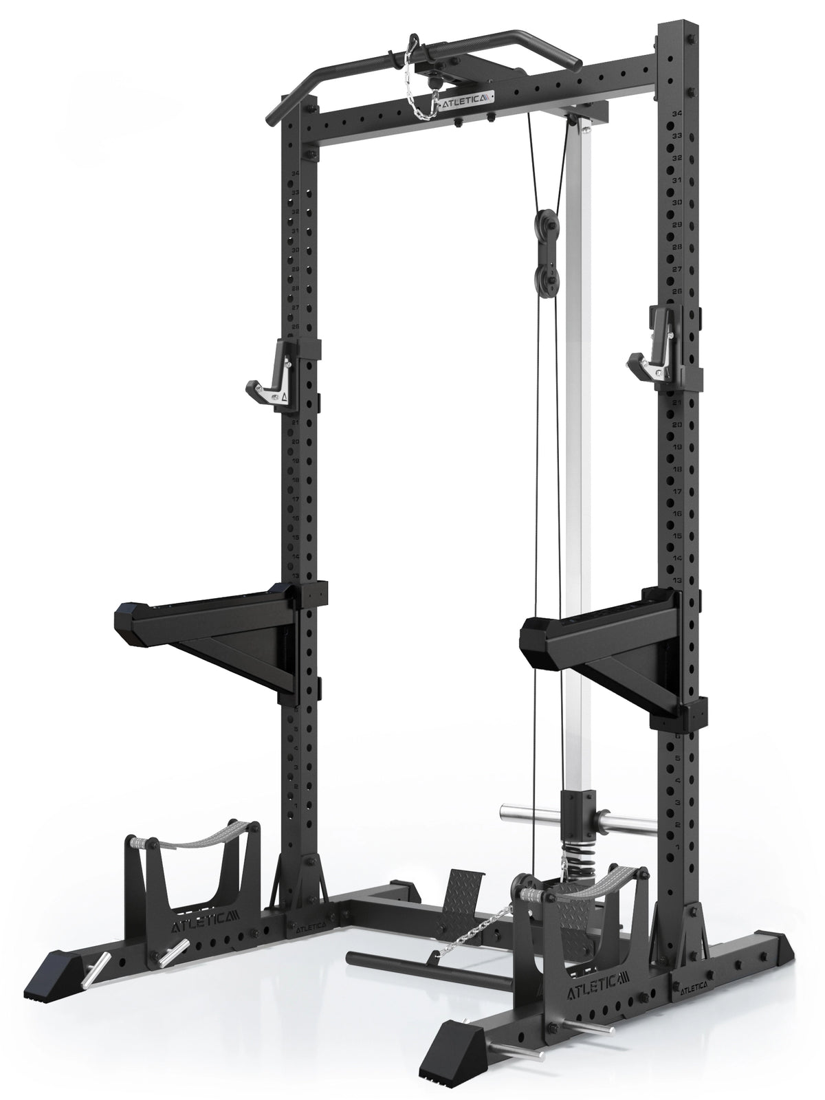 ATLETICA R7 Rider Plate Loaded squat rack with cable tower – angled front viewv