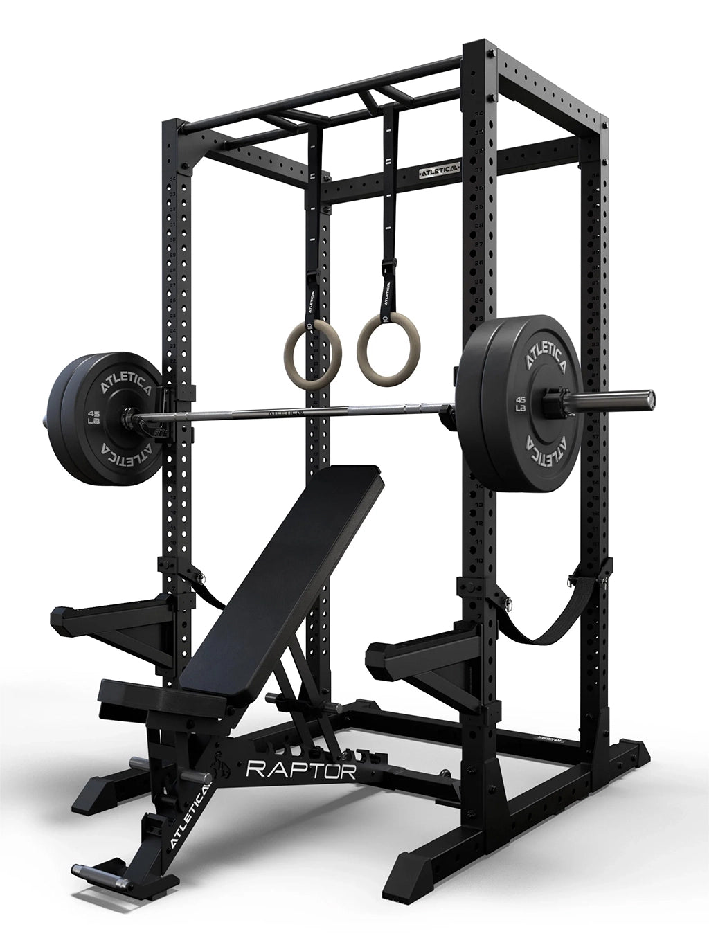 Atletica R7 Root Power Rack 88" with Performance J-Hooks and Spotter Arms, Raptor Weight Bench, Barbell with Bumper Plates and wooden gymnastic rings